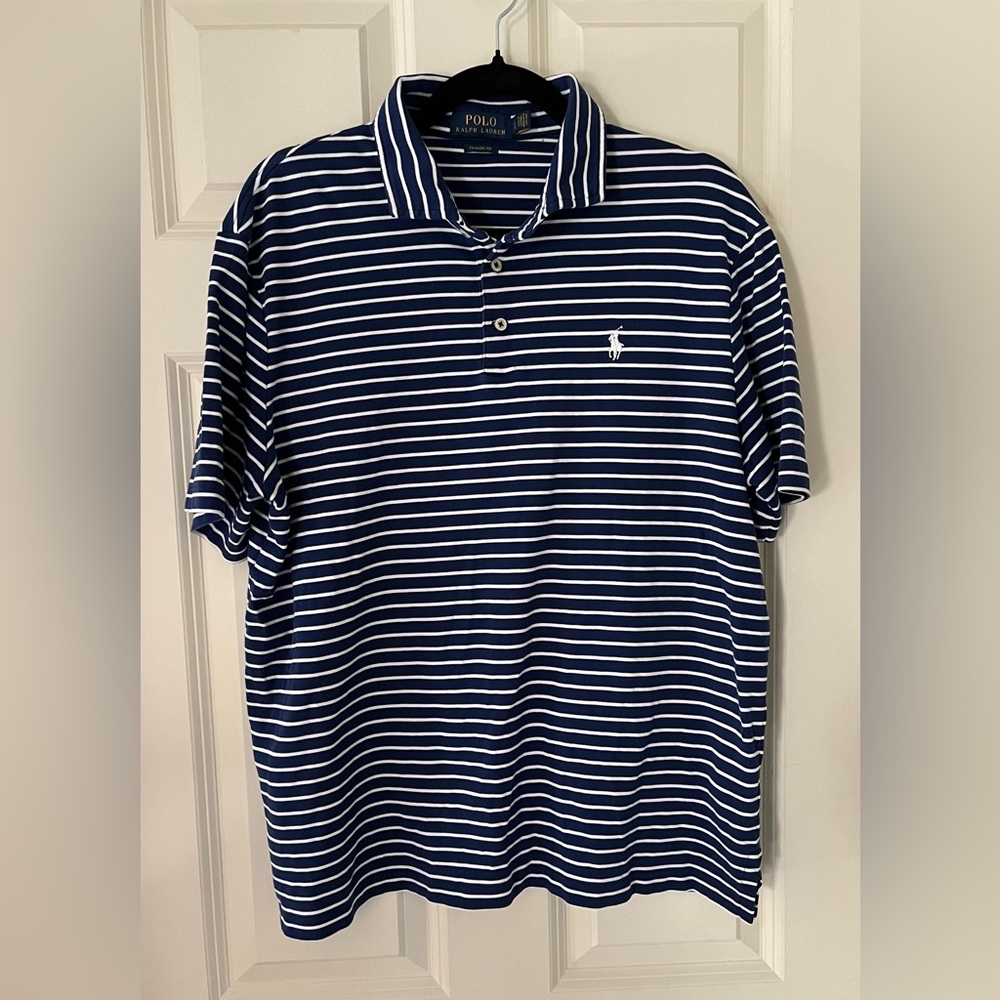 Polo Ralph Lauren Mens Classic Fit Soft Cotton Polo striped Shirt navy & white L